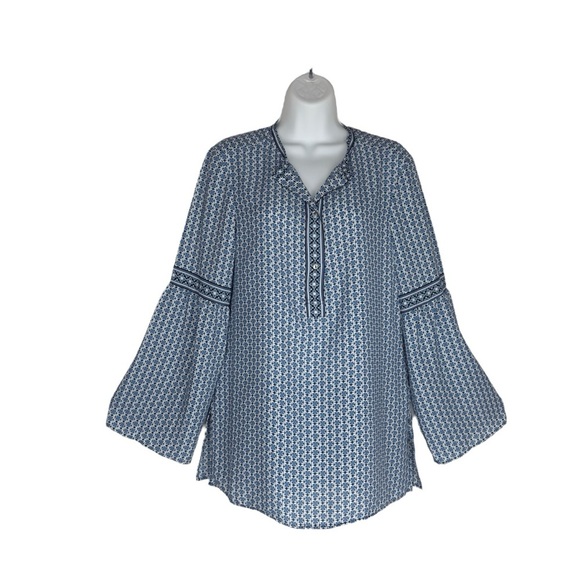 Max Studio Boho Blue and White Long Bell Sleeve Tunic Peasant Top Medium - Picture 6 of 11